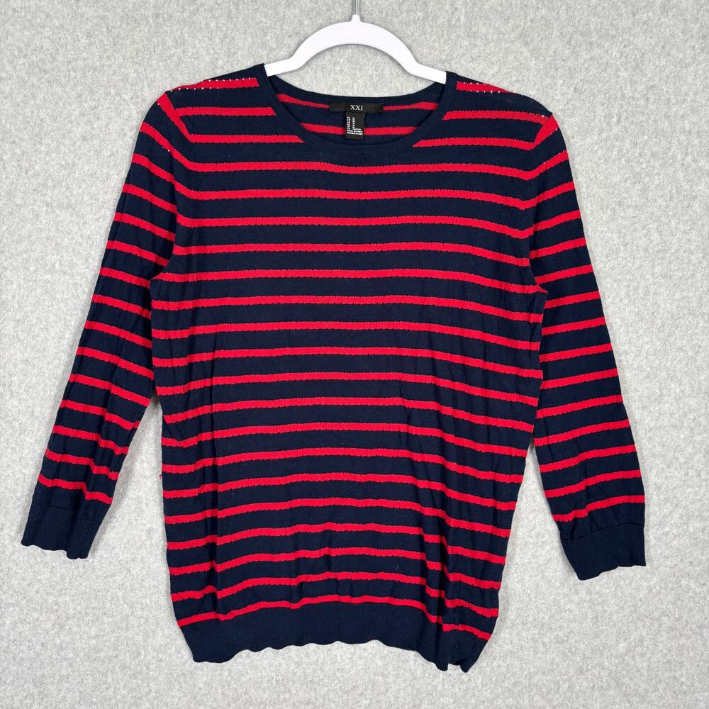 XXI Sweater Womens Medium Red Navy Striped Thin Sailor Preppy Career Office